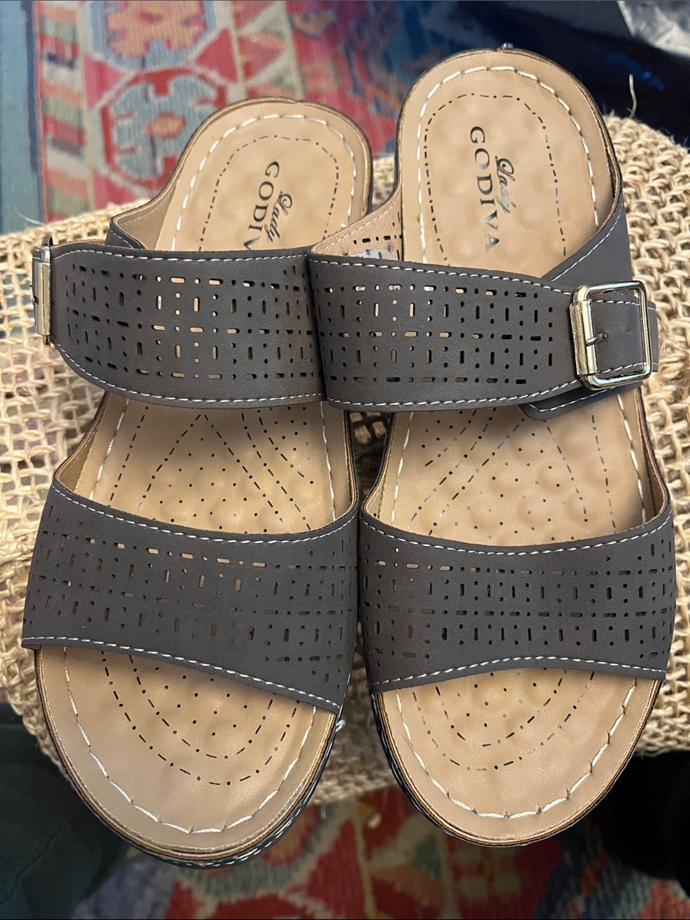 Lady Godiva Perforated Slide Sandals in Brown